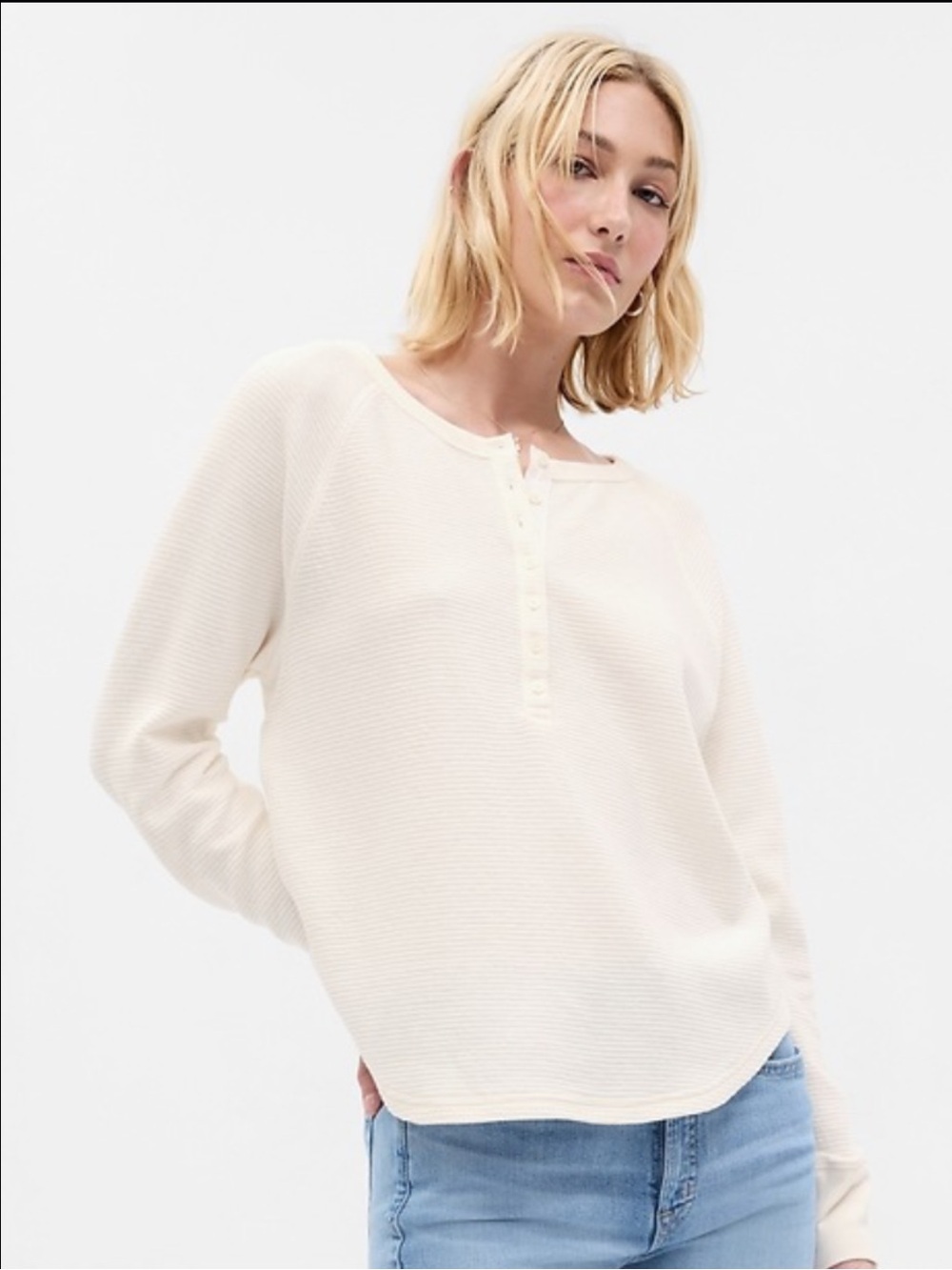 Gap Waffle Henley T-Shirt – Ivory/Beige – Medium Tall